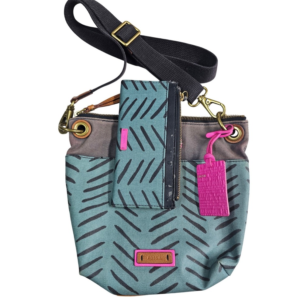 Fossil Canvas Crossbody Bag and Matching Slim Wallet Set Teal Pink Chevron